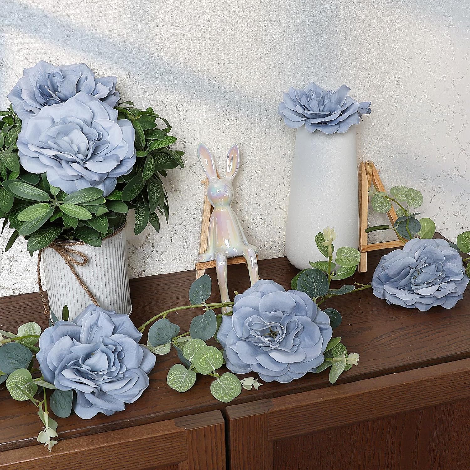 Artificial Silk Roses Flower Heads for Wedding Decorations - 50 Pieces Realistic Bulk Faux Floral for DIY Bridal Shower Arrangements Bridesmaid Bouquets Party Home Centerpieces - Dusty Blue