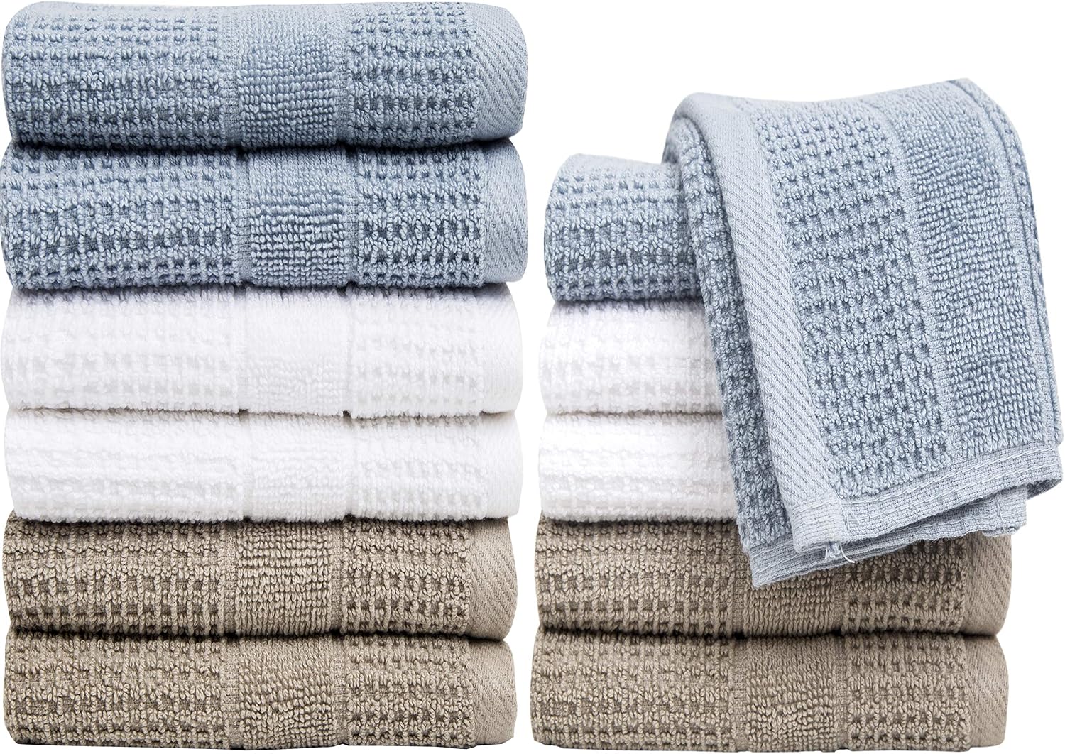 Pleasant Home Washcloths Set - 12 Pack (12” x 12”) – 488 GSM- 100% Ring Spun Cotton Wash Cloth - Super Soft and Highly Absorbent Face Towels (Grey Blue Combo, Waffle Design)