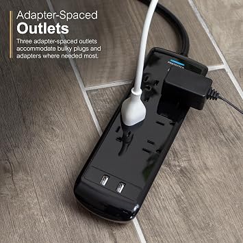 GE Surge Protector Power Strip with USB Ports, 3 Ft Extension Cord, 1780 Joules, 7 Outlet Extender (Wide Spaced), 2 USB-A, Flat Plug, Wall Mount, ETL Safety Listed, Black, 37054