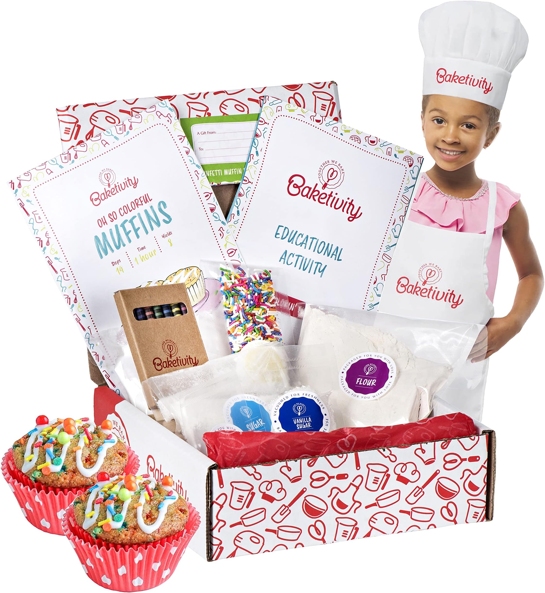 Baketivity Kids Baking DIY Activity Kit - Bake Delicious Confetti Muffins with Pre-Measured Ingredients – Best Gift Idea for Boys and Girls Ages 6-12 – Includes Free Hat and Apron