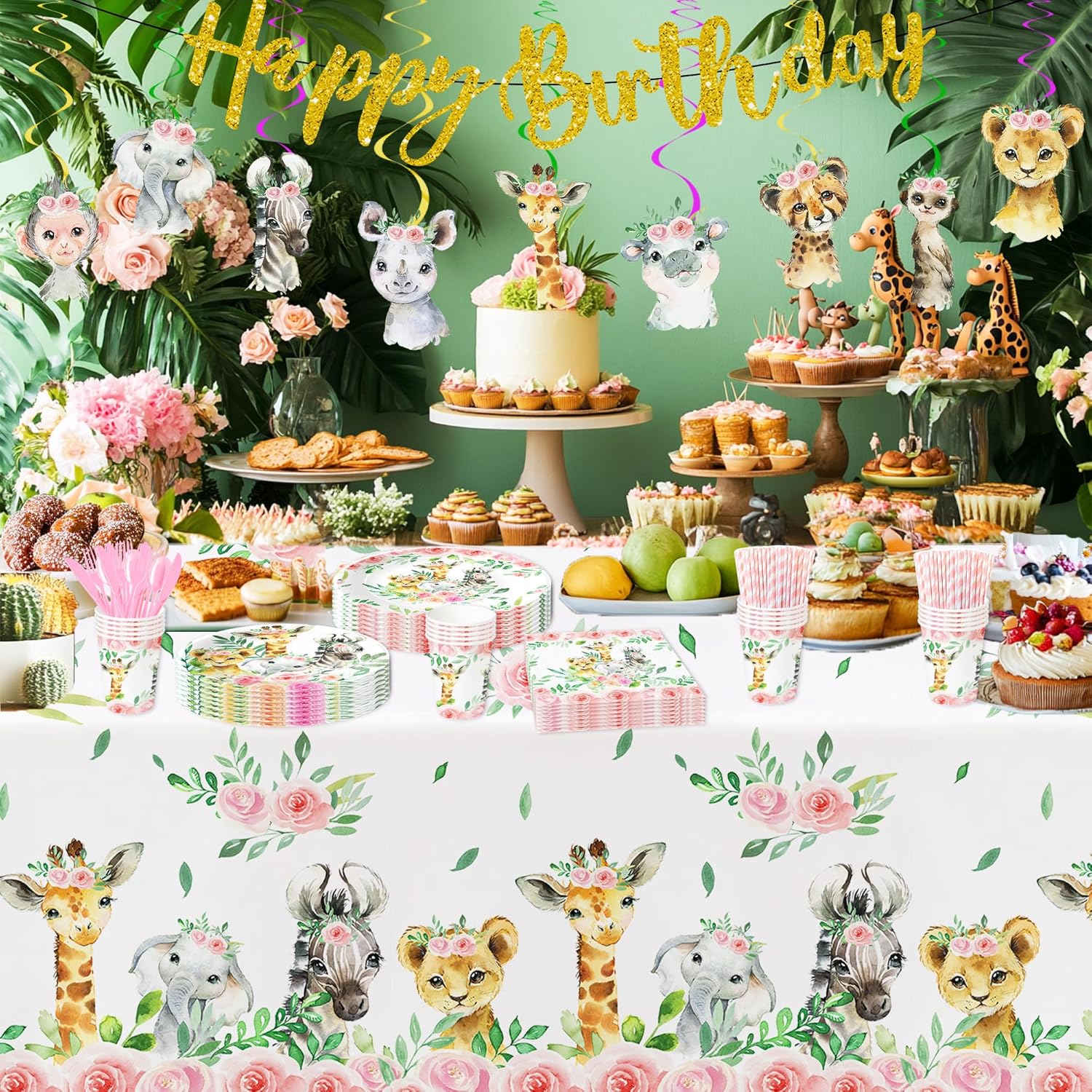 Srua Don Safari Birthday Decorations Girl, Jungle Animal Party Supplies, Paper Plate, Napkin, Cup, Tablecloth, Banner, Swirls, Safari Jungle Party Decorations For Birthday Baby Shower, Serves 24