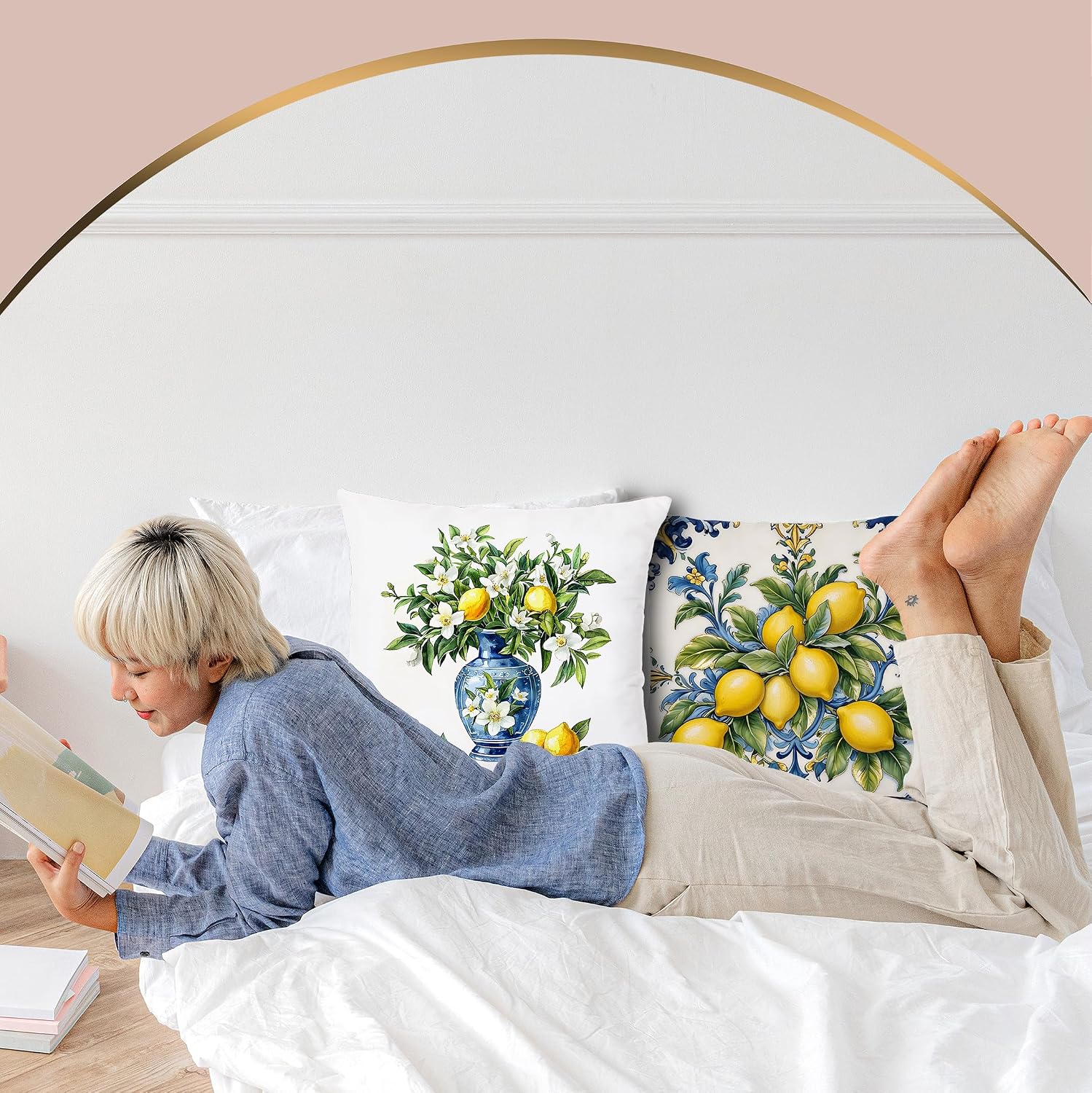 Italian Amalfi Coast Lemon Pillow Covers 18x18 Double-Sided Set of 4, Mediterranean Decor, Summer Lemon Vintage Floral Decorative Throw Pillow Covers for Home Bedroom Living Room
