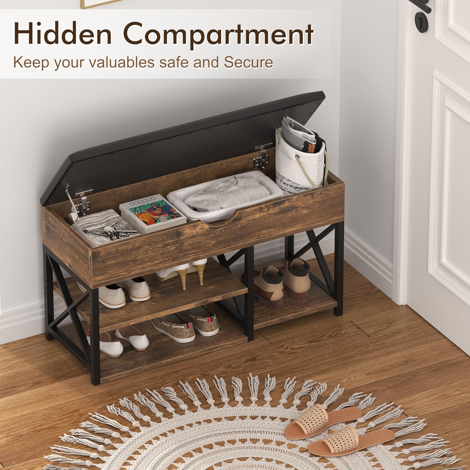 NUNU LAB Shoe Storage Bench, Multifunctional Entryway Bench with 3-Tier Shoe Rack & Cushioned Seat, Shoe Rack for Front Door Entrance, Brown