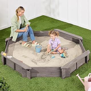 Best Choice Products Large Outdoor Octagon Wooden Sand Box for Kids, Sandbox with Cover, 4 Reinforced Benches Support up to 220 lbs Each, Bottom Liner for Drainage - Gray