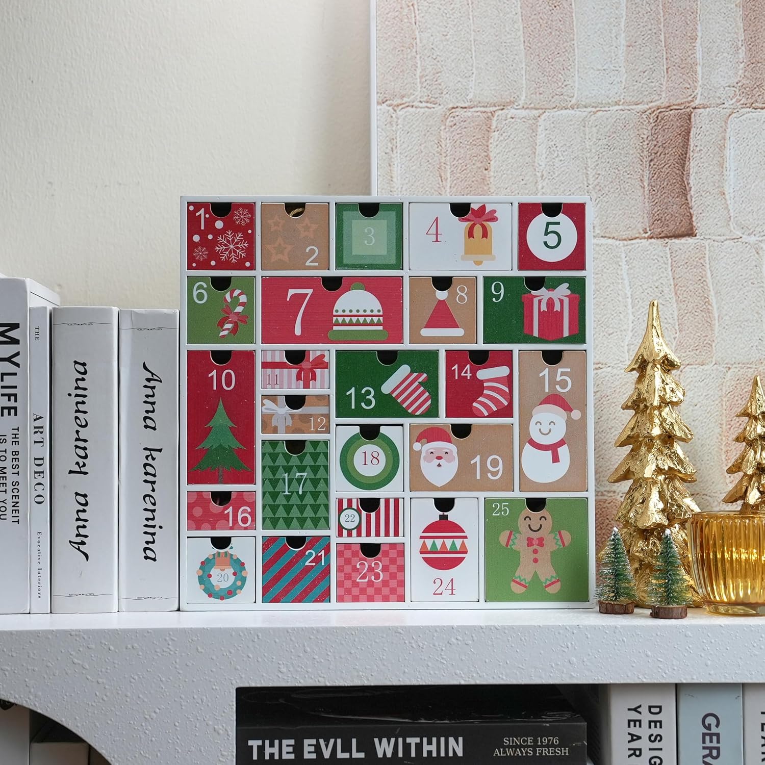 Wooden Advent Calendar with 25 Drawers for Kids, Refillable Advent Calendar for 2025, Red&Green Reusable Christmas Countdown Calendar with Classic Holiday Designs