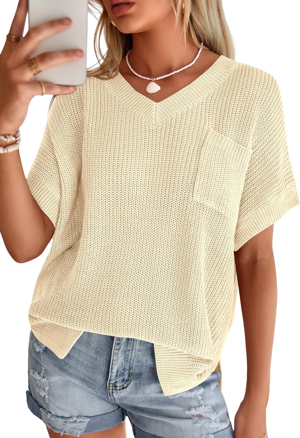 PRETTYGARDEN Women's 2026 Spring Short Sleeve Sweaters Lightweight V Neck Casual Going Out Summer Tops Beach Vacation Clothes (Beige,Small)