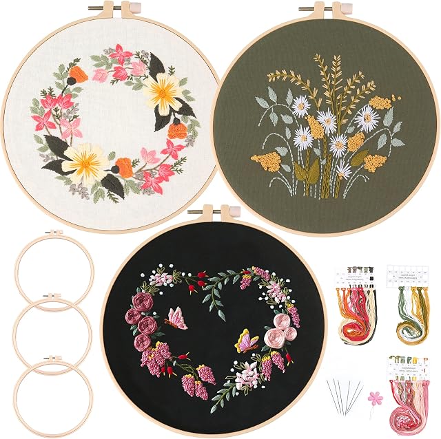 Myfelicity Full Series of Beginner Embroidery Kits Embroidery Cloth with 3 Stamp Patterns 3 Embroidery Stretches 6 Needles 1Scissors and Instructions