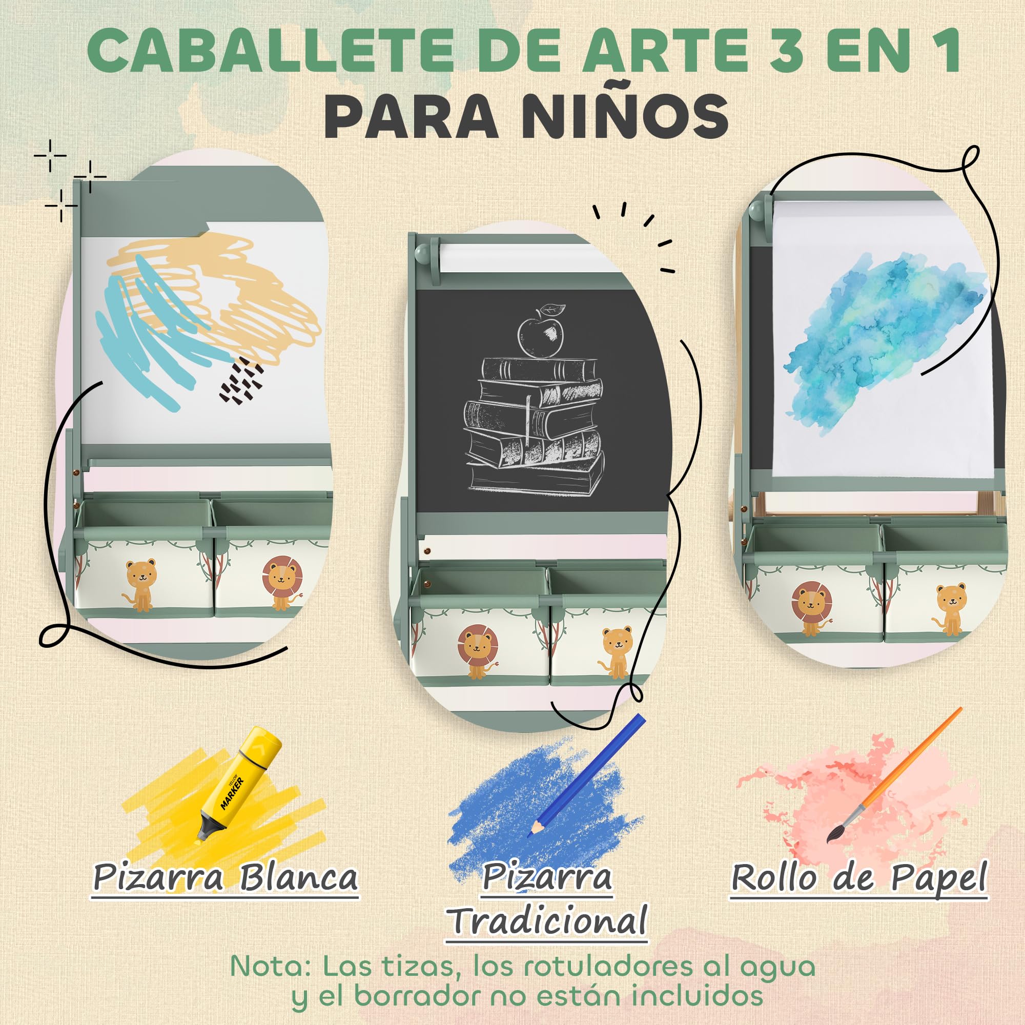 AIYAPLAY Pizarra Infantil Caballete 3 en 1 Pizarra Infantil de Doble Cara Caballete de Pintura para Niños de +3 Años con Rollo de Papel y Cestas de Almacenamiento 54x46x94 cm Verde