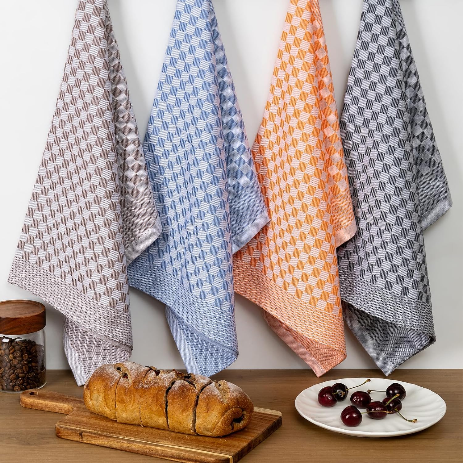 8-Pack Cotton Kitchen Towels - 18 x 27.5 Inch Large Dish Cloths - Checkerboard Design Flat Weave Tea Towels - Highly Absorbent, Lint Free, Non-Shrink & Durable Commercial Grade