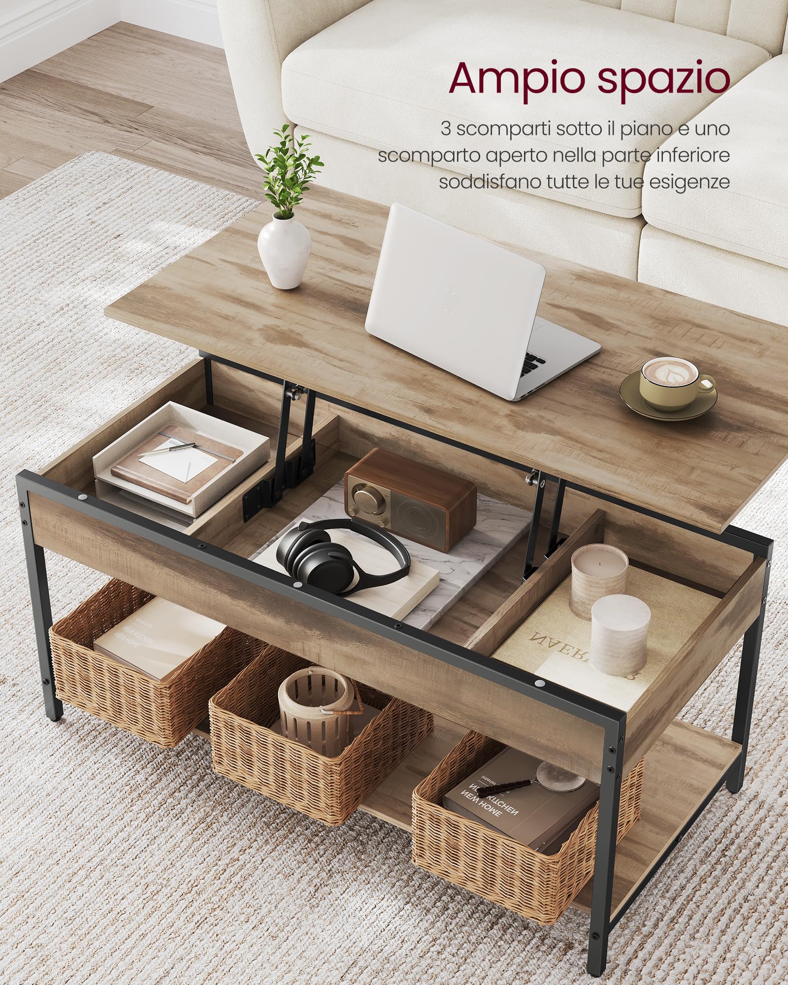 VASAGLE Tavolino con Piano Sollevabile, Tavolino da Salotto, con Ripiano Aperto e Scomparti Nascosti, 50 x 100 cm, Marrone Cammello e Nero Inchiostro LCT261LB02