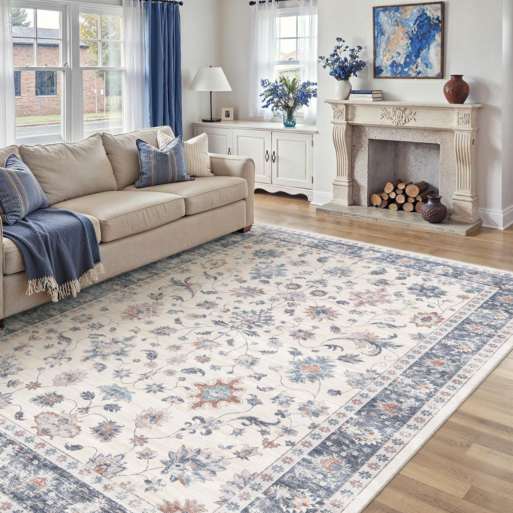 PureCozy Rugs Living Room 240x300 cm Vintage Washable Non Slip Area Rugs Retro Floral Extra Large Carpet for Bedroom Dining Room Hall Lounge Office Indoor Home Decor, Blue & White — image 1