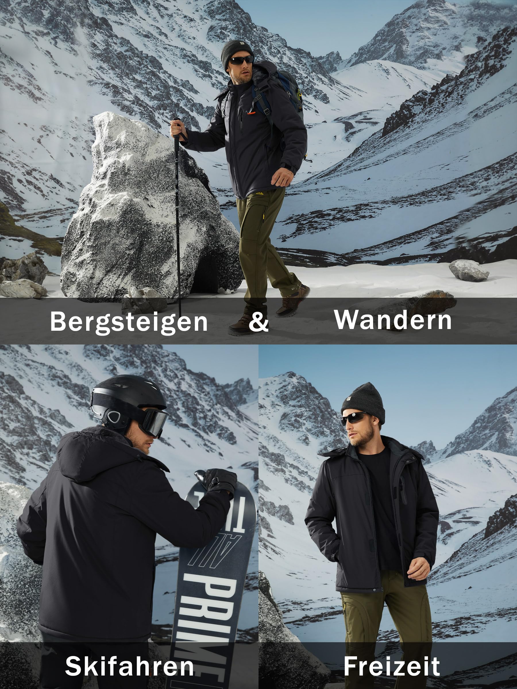 CAVVA Herren Skijacke Gefüttert Winterjacke Wasserdicht Snowboardjacke Fleece Arbeitsjacke Mit Abnehmbarer Kapuze