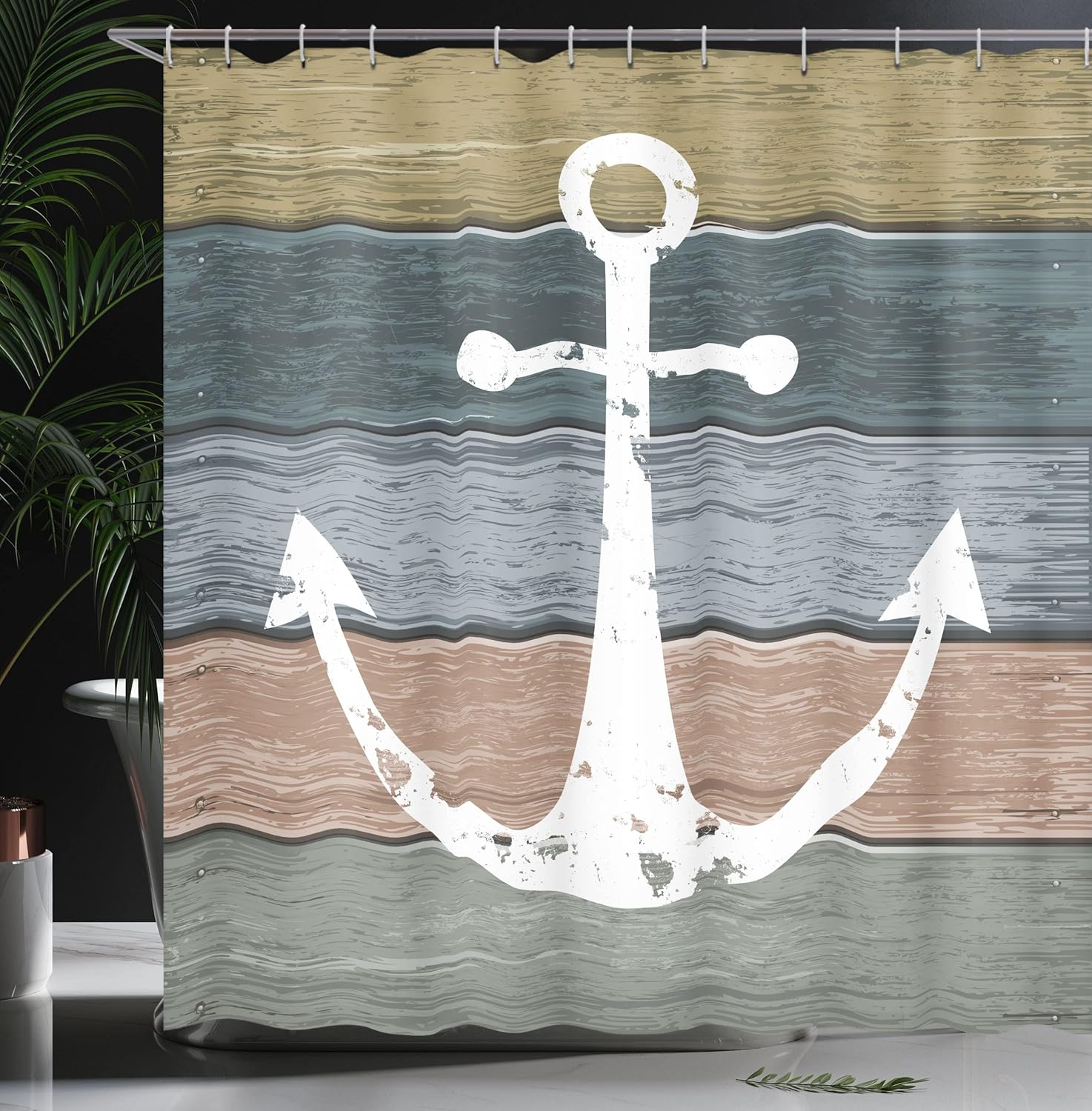 Ambesonne Anchor Shower Curtain, Timeworn Marine Pattern and Grunge Weathered Wooden Planks Rustic Style Nautical, Cloth Fabric Bathroom Decor Set with Hooks, 69" W x 75" L, Khaki Teal