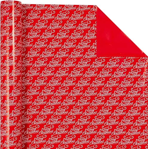 Miniatura 3 de WRAPAHOLIC Papel de regalo reversible de Navidad, mini rollo, 17 pulgadas x 33 pies, letras de Feliz Navidad y diseño rojo sólido para Navidad,