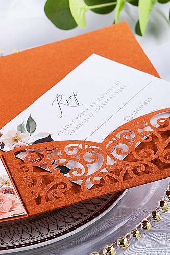 Vista 71 de ponatia 5.12 x 7.2 Invitaciones de boda de corte láser con purpurina negra, bolsillos de invitación triples cortados con láser con sobres