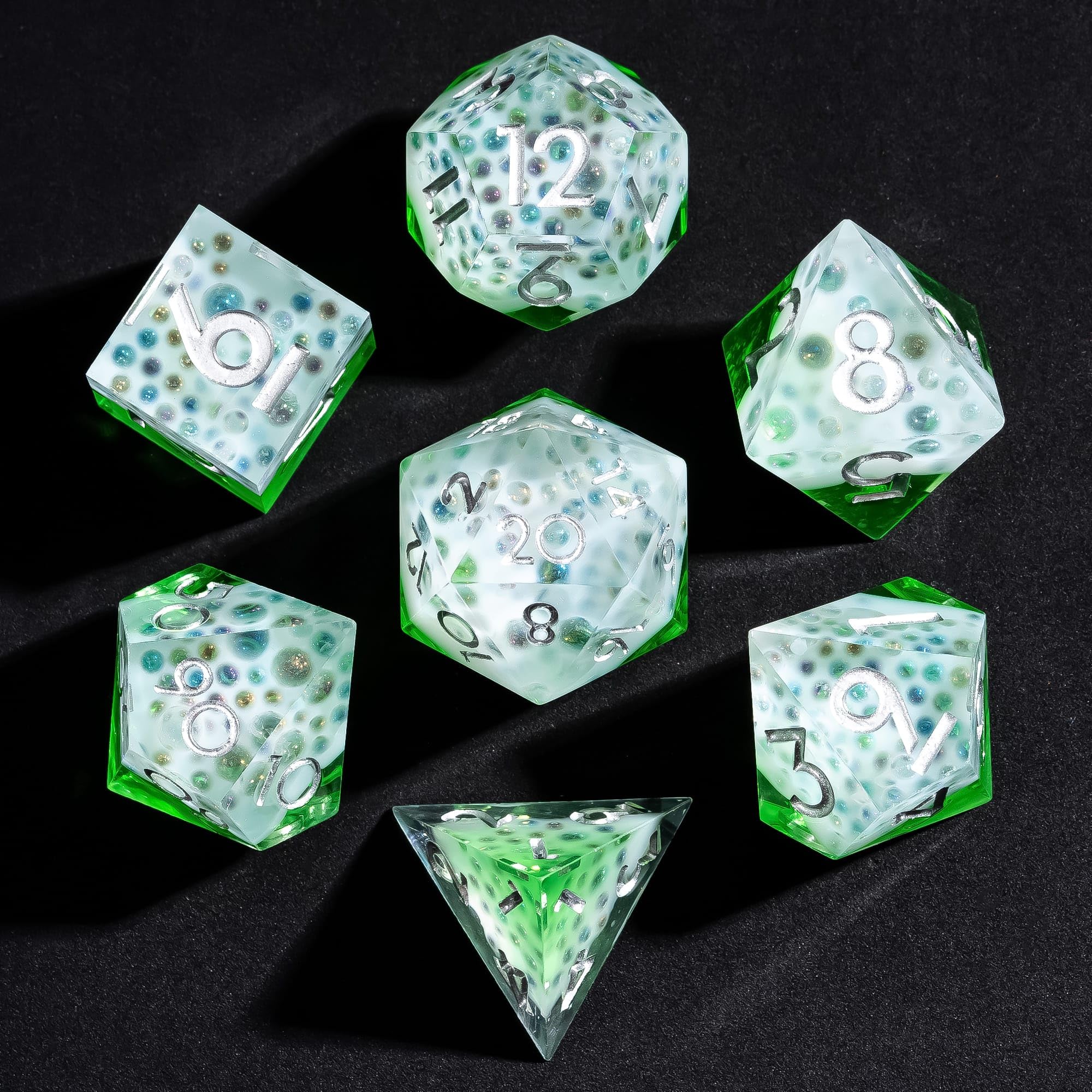 CRITALLIC 7PCS Cocktail Dice Set,Handmade Sharp Edge Dice Set D&D RPG Polyhedral Die,for Dungeons and Dragons TTRPG Games Roleplaying Games,with Gift Box.(Green) — image 1