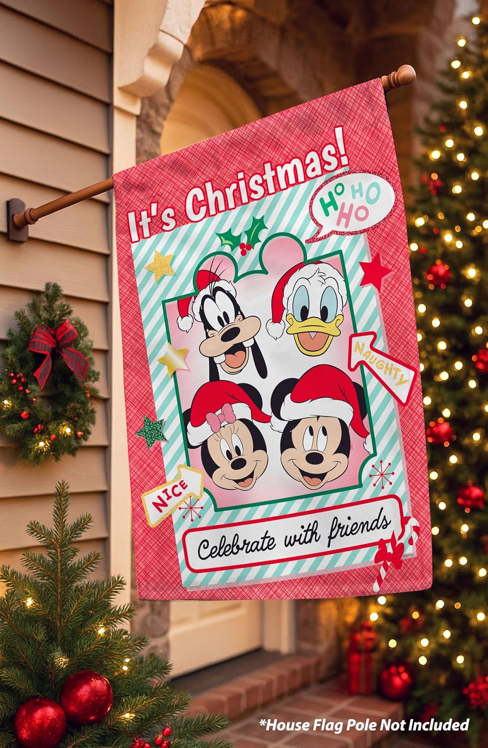 Flagology.com, Disney Celebrate Christmas with Friends – House Flag 28" x 40", Outdoor Flag, Exclusive Premium Fabric, Officially Licensed Disney, Christmas