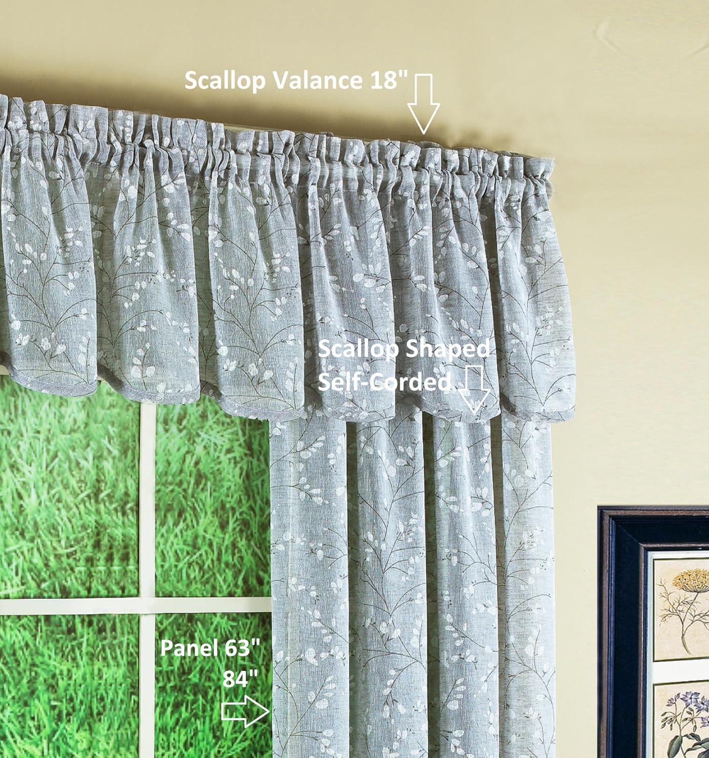 Today's Curtain, Willow Faux Linen Print Scallop Valance 18", Gray, 54" W x 18" L
