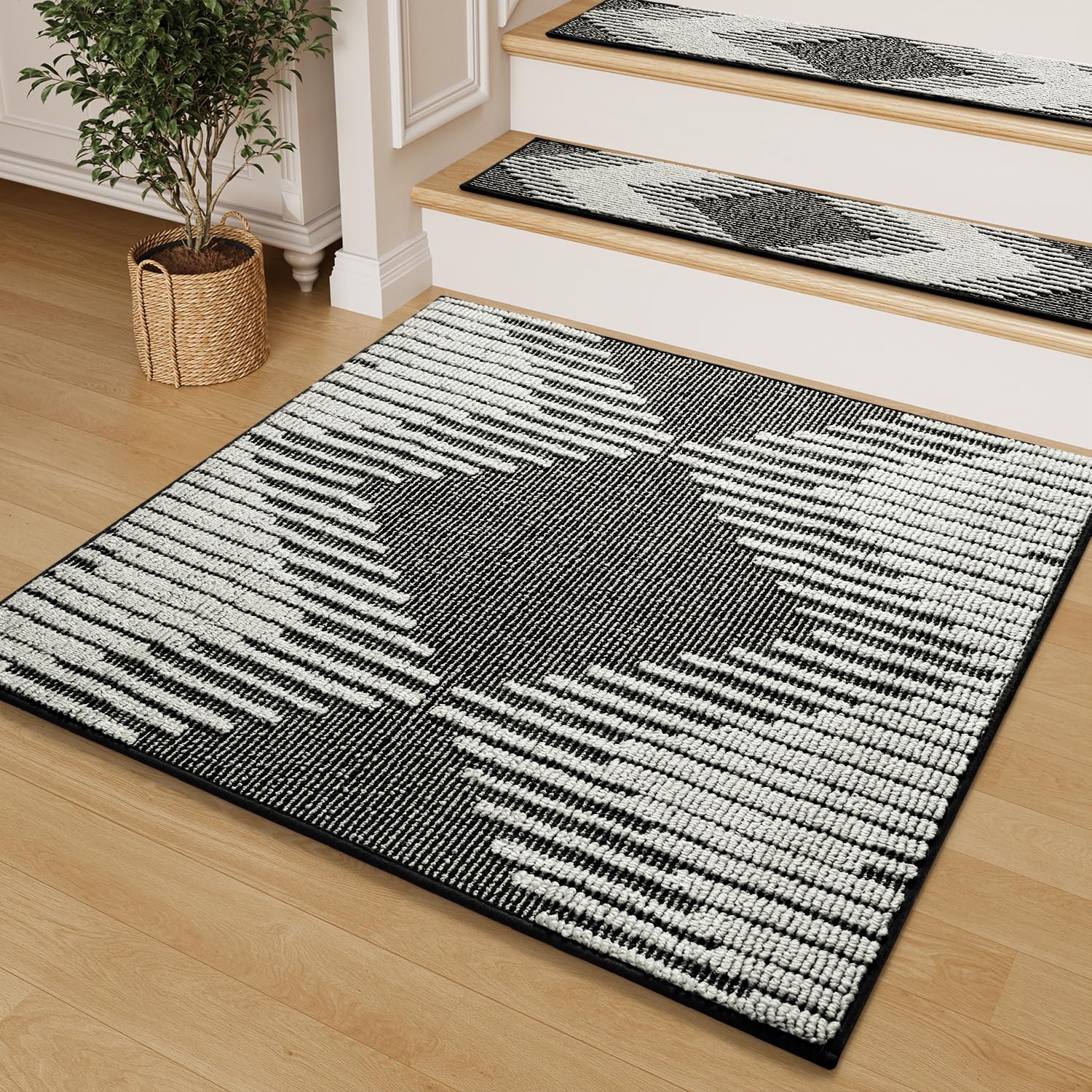 PADOOR Stair Treads Landing Mat Non Slip for Wooden Steps Indoor, 3D Peel and Stick Stair-Carpet Treads Washable Reusable Adhesive Stair Rugs for Kids