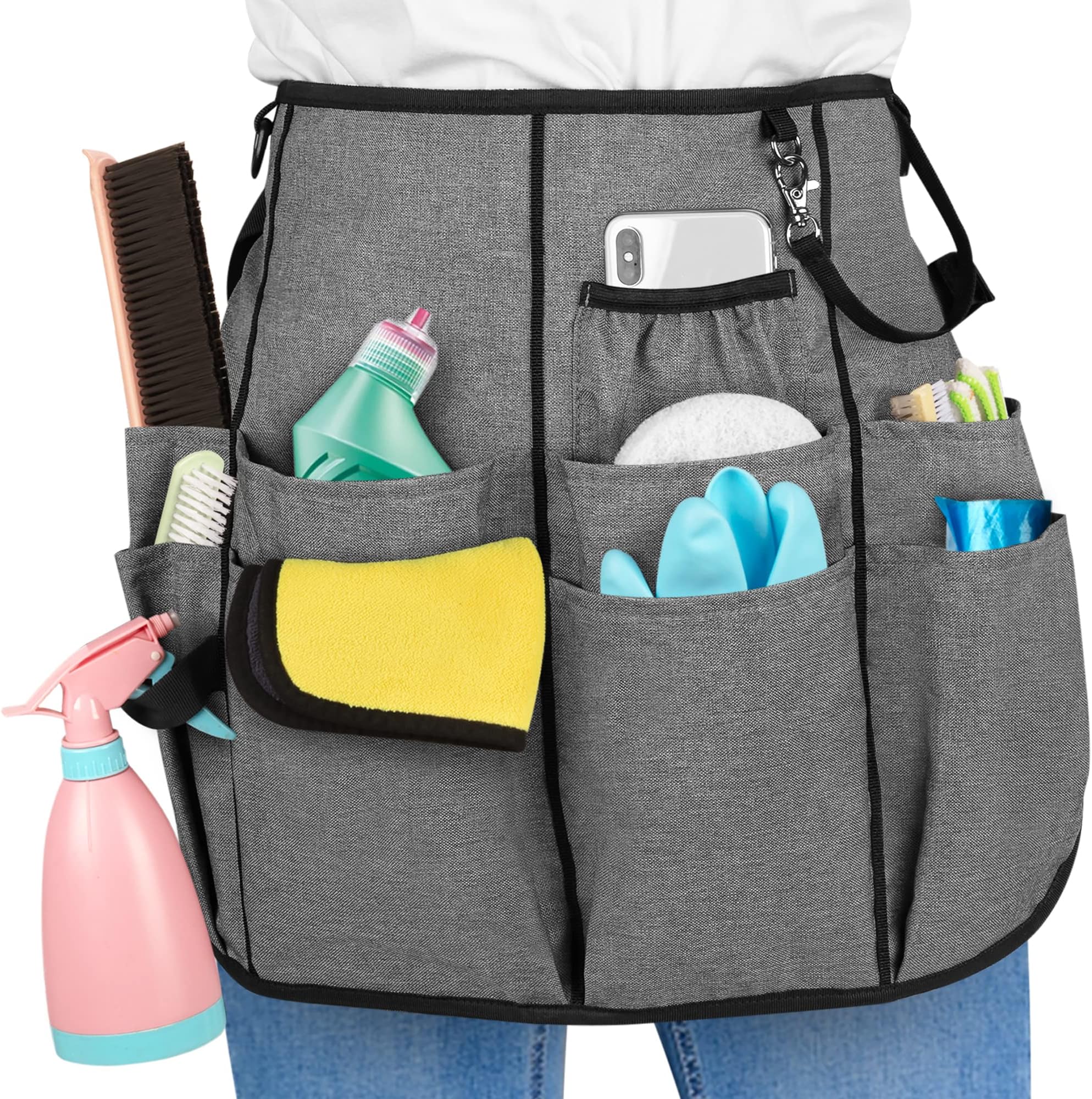 LoDrid Professional Cleaning Apron with 9 Pockets and Adjustable Waist Belt, Cleaning Caddy Aprons for Cleaning Work of House Hotel, Gray