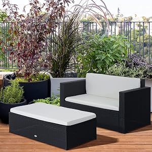 Outsunny 2 Pieces Patio Furniture Set, Wicker Loveseat Ottoman Set Outdoor Rattan Sofa Table Set with Cushion