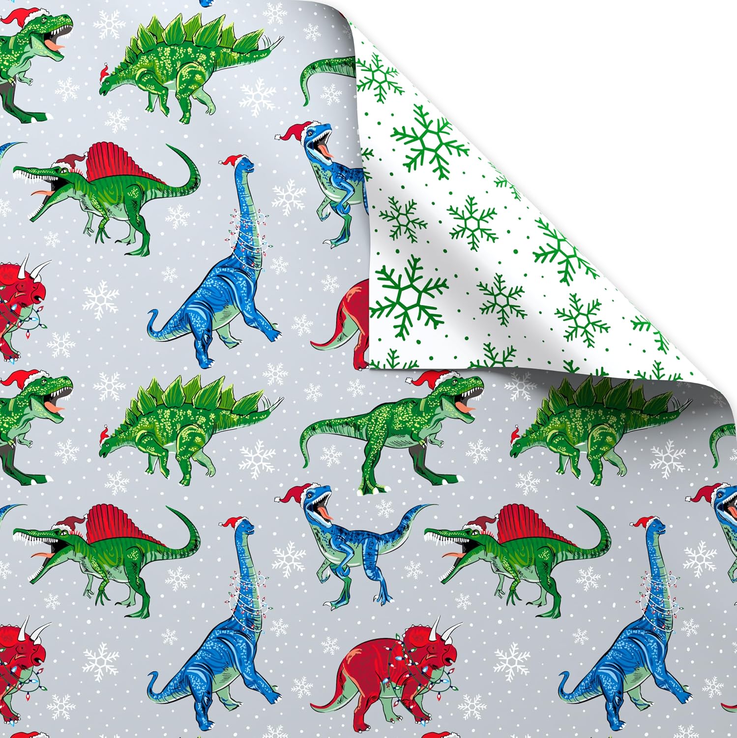 American Greetings Kids Christmas Wrapping Paper Roll with Dinosaurs, Gray, White, Green Holiday Gift Wrap (60 sq. ft., 1 Reversible Roll) T-Rex, Triceratops, Velociraptor, Brontosaurus, Stegosaurus image 2