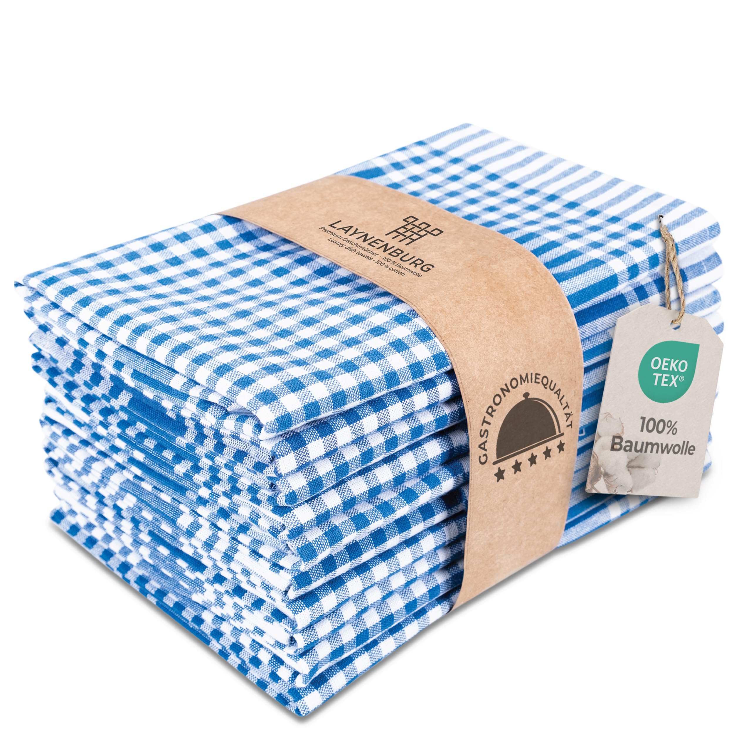 LAYNENBURG 10er-Set Premium Geschirrtücher kariert - 100% Baumwolle - 45x65 cm & Aufhänger - Oeko TEX Standard 100 - Küchentücher fusselfrei & modern - Vintage Küchenhandtücher (Blau)