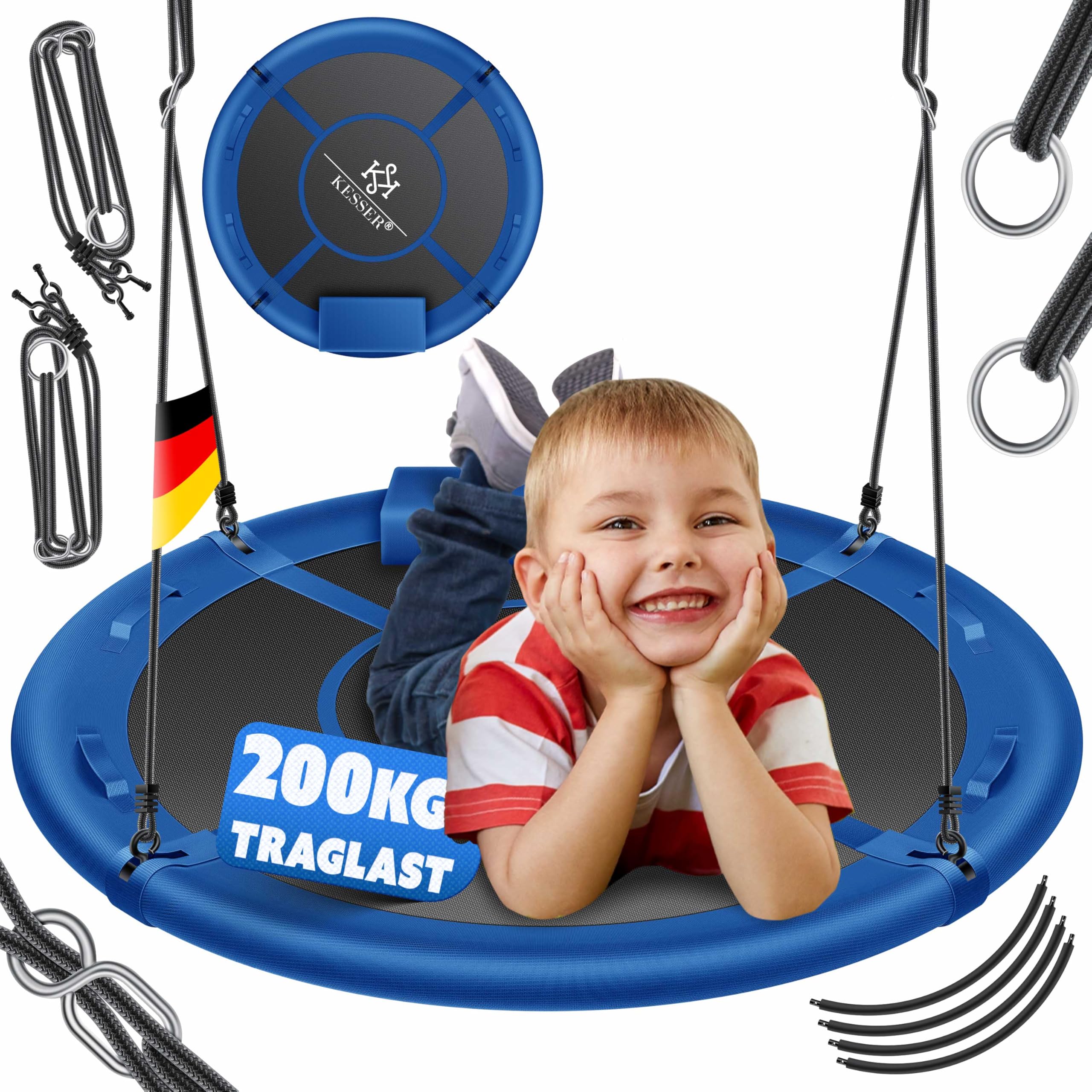 KESSER® Nestschaukel Tellerschaukel Hängeschaukel Rundschaukel Ø 60cm Schaukel bis 200kg belastbar mit Kissen & 4 Griffen verstellbar Kinderschaukel Indoor & Outdoor für Kinder & Erwachsene Blau