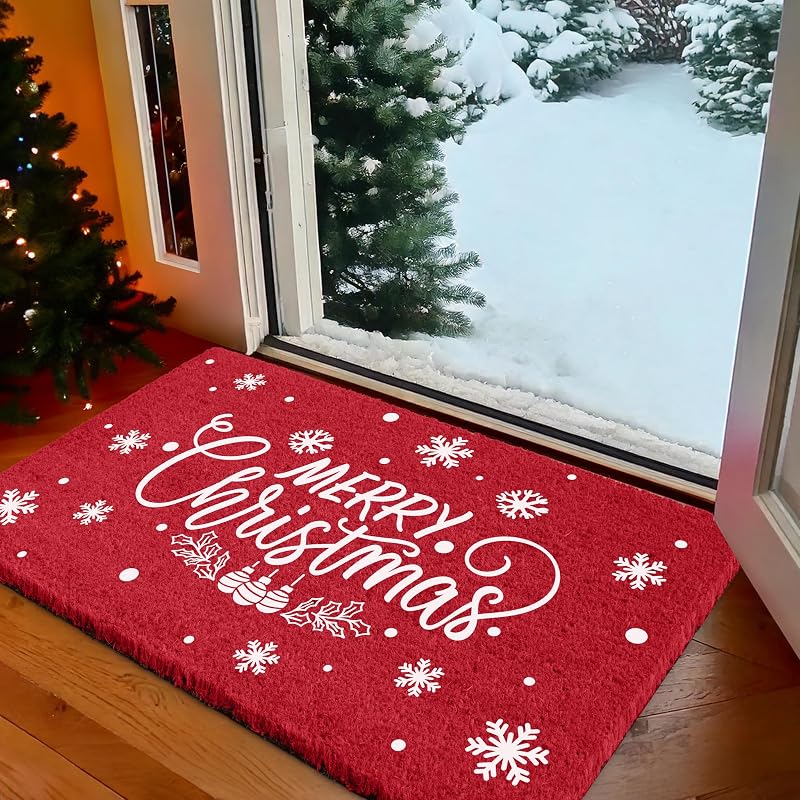 LuxUrux Premium Christmas Door Mat – Natural Coir Front Door Mat, Durable and Non‑Slip, Festive “Merry Christmas” Design for Indoor/Outdoor Entryways (17” x 36”)
