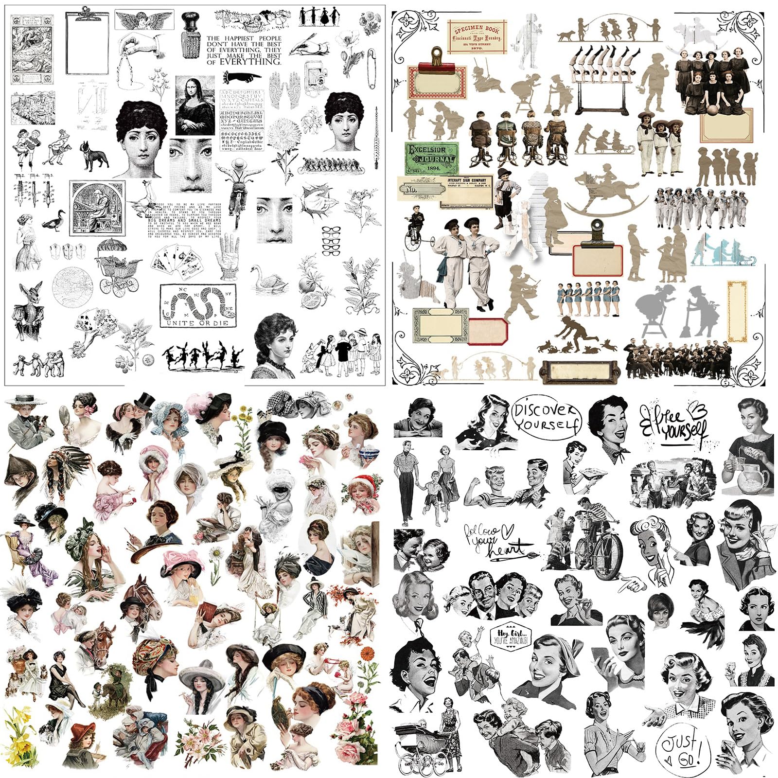 Journal intime vintage décoré de 189 autocollants personnages rétro transparents