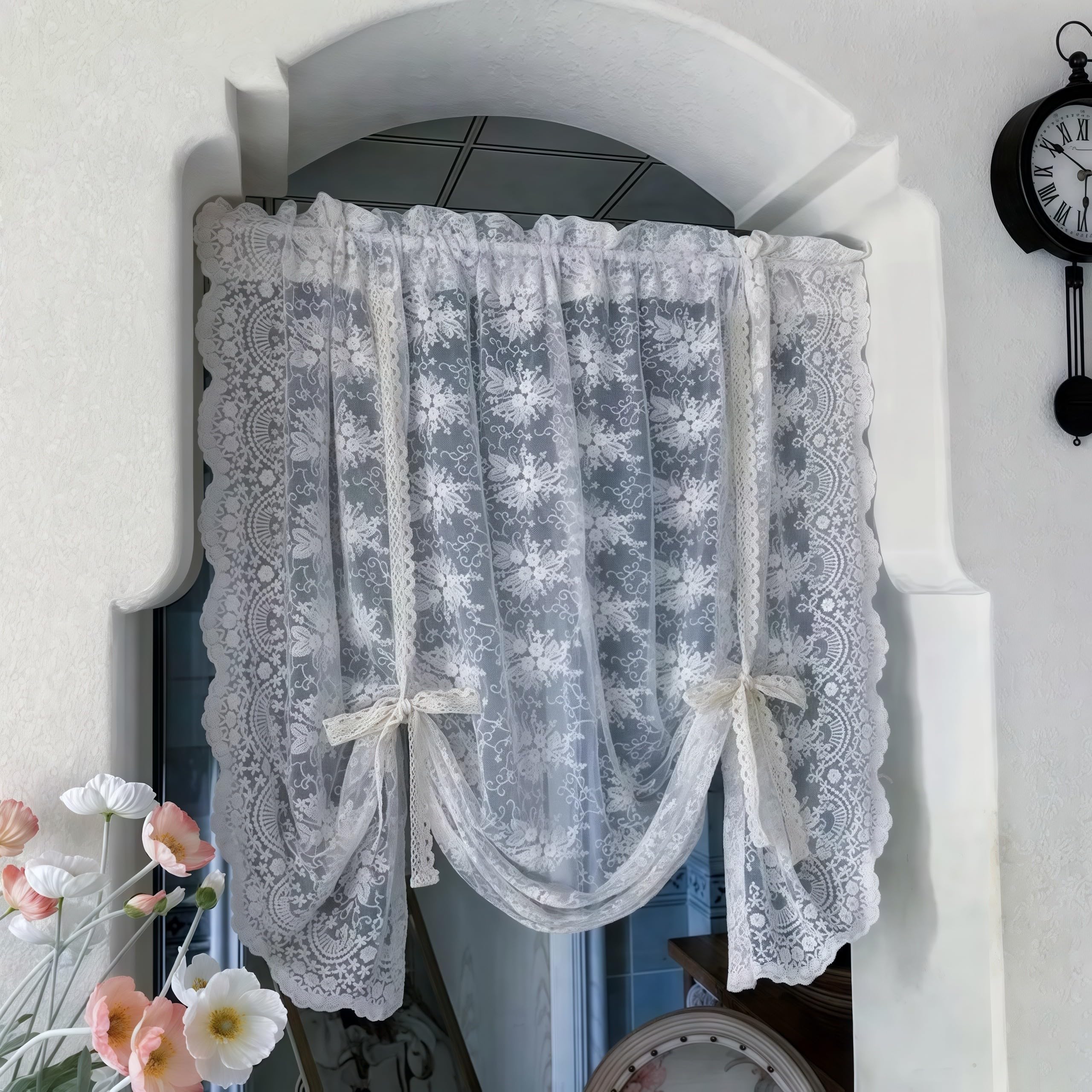 Cream Embroidery Floral Sheer Curtain Tie Up Balloon Curtain Shade for Kitchen Bathroom Tulle Farmhouse Valance Rod Pocket Voile for Living Room Small Window 1 Panel Width 51 x 63 inches Length