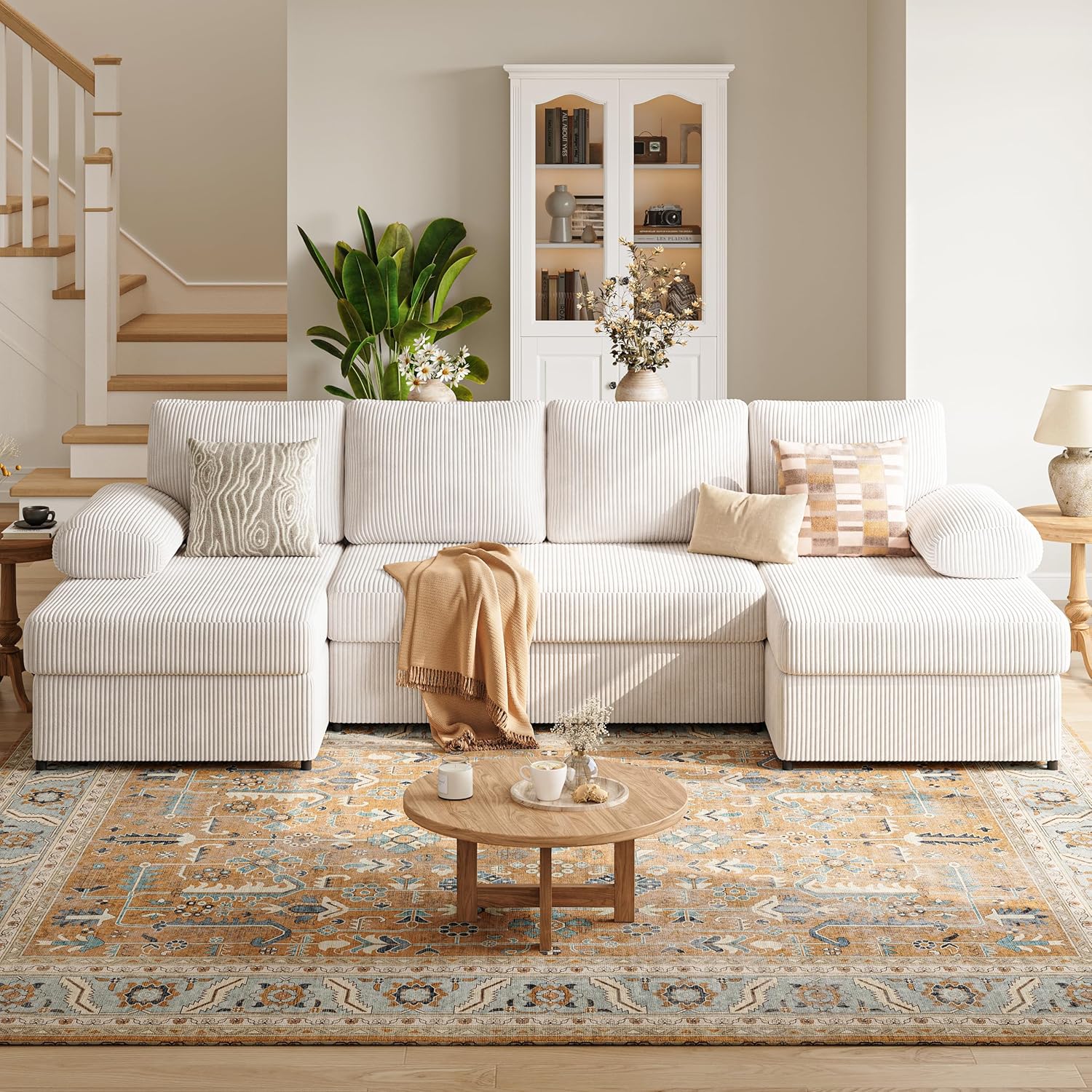 112 Inch U Shaped Sectional Couches for Living Room | Modern Cloud Couch with Double Chaise | 4 Seater Corduroy Sofa for Apartment | Warm White | Sturdy Iron Frame, Squeak-Free, Premium Corduroy, 1200 lbs Capacity