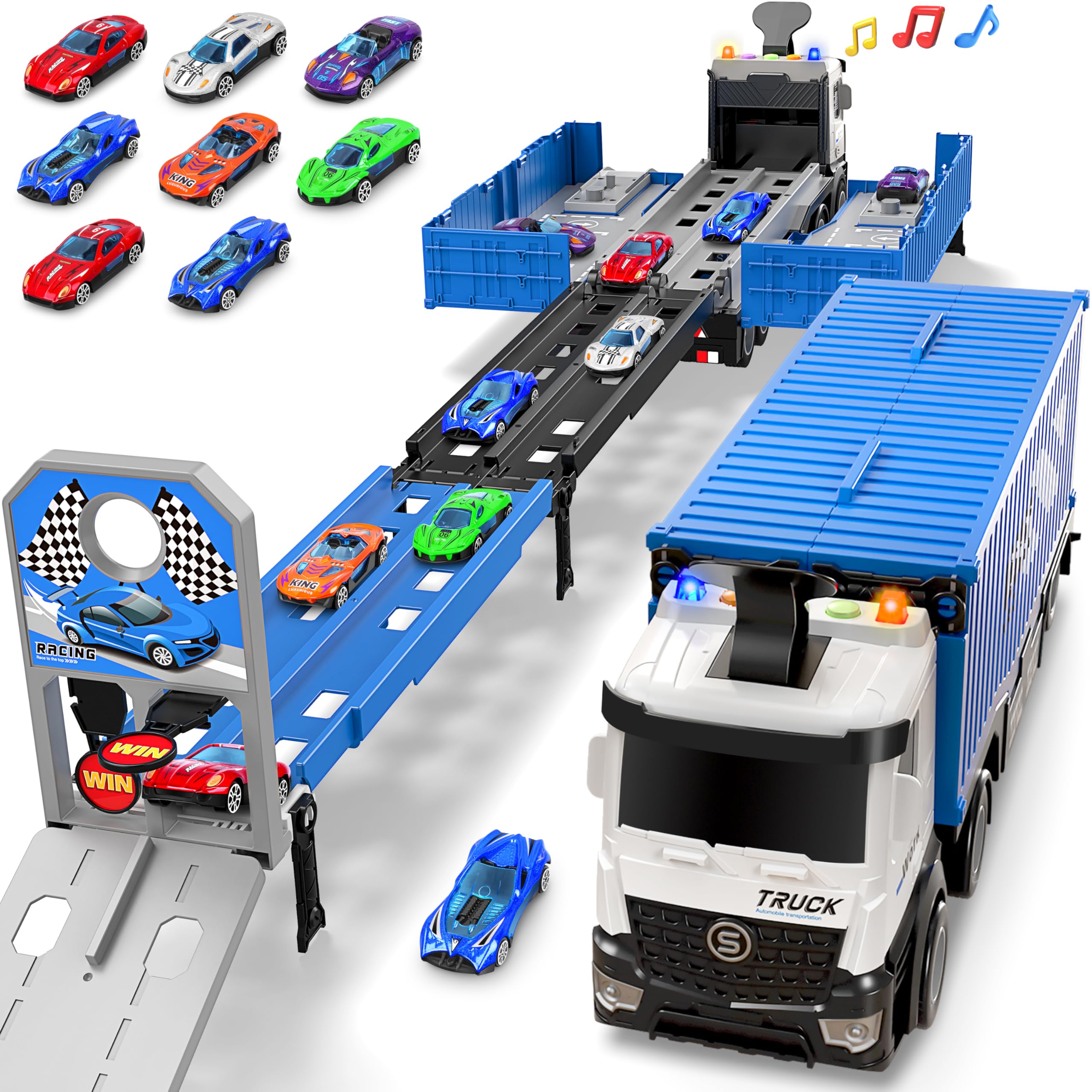 Carrier Truck Race Track Toddlers Toys, Foldable 3 Layer Track Playset, Toy Truck Transport Car Carrier & 8 Race Cars, Truck Car Kids Toys Xmas Gifts for Age 3 4 5 6+ Years Old Boys Girls