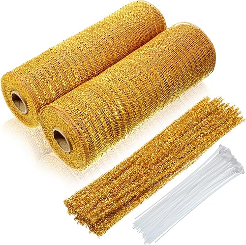 Hanaive 2 rollos de cinta de malla de Navidad de 10 pulgadas y 30 pies de papel de aluminio metálico, lazo de malla de polietileno, herramientas de