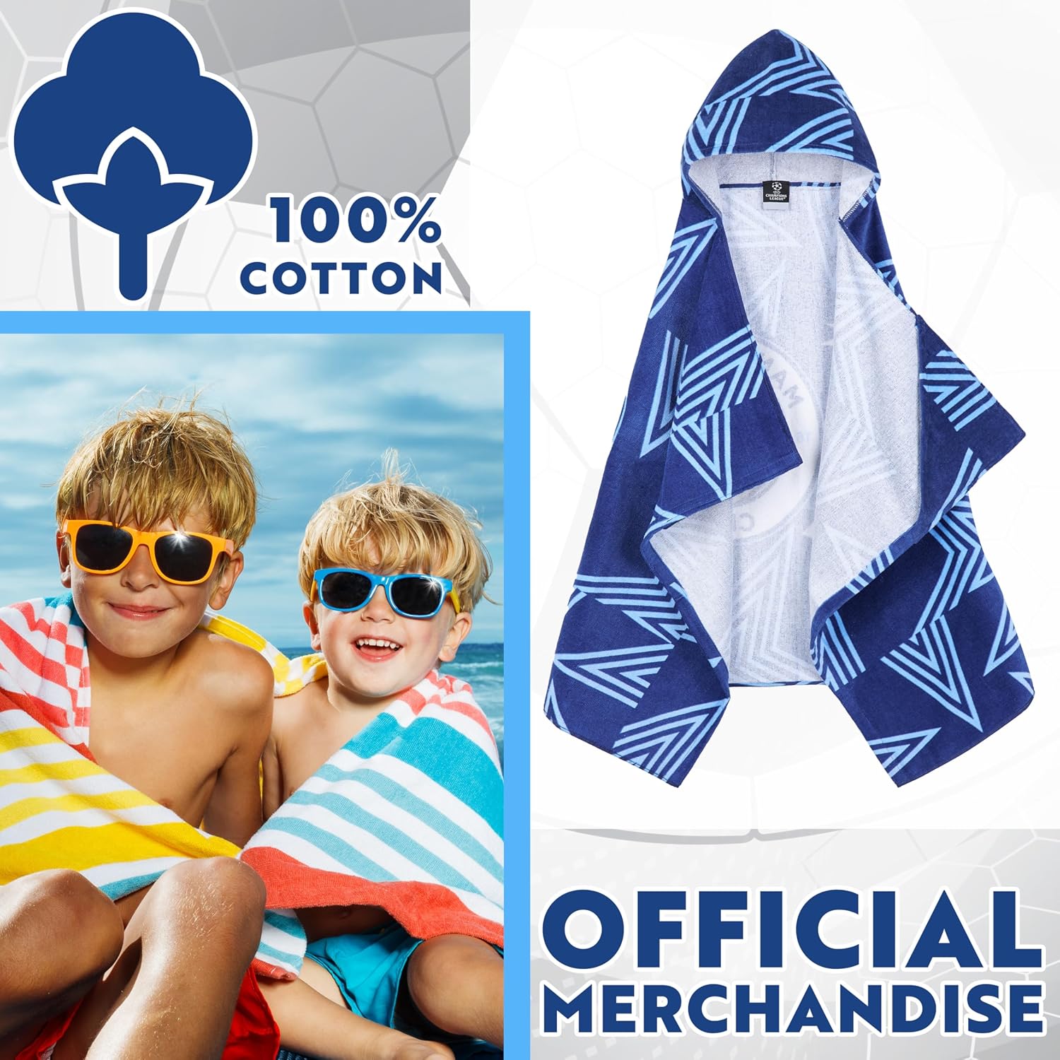 Get Trend Manchester City F.C. Bath Towels with Hood Kids Teens 100% Cotton Towels for Swimming Beach Shower Towel Poncho Changing Robe Travel Essentials