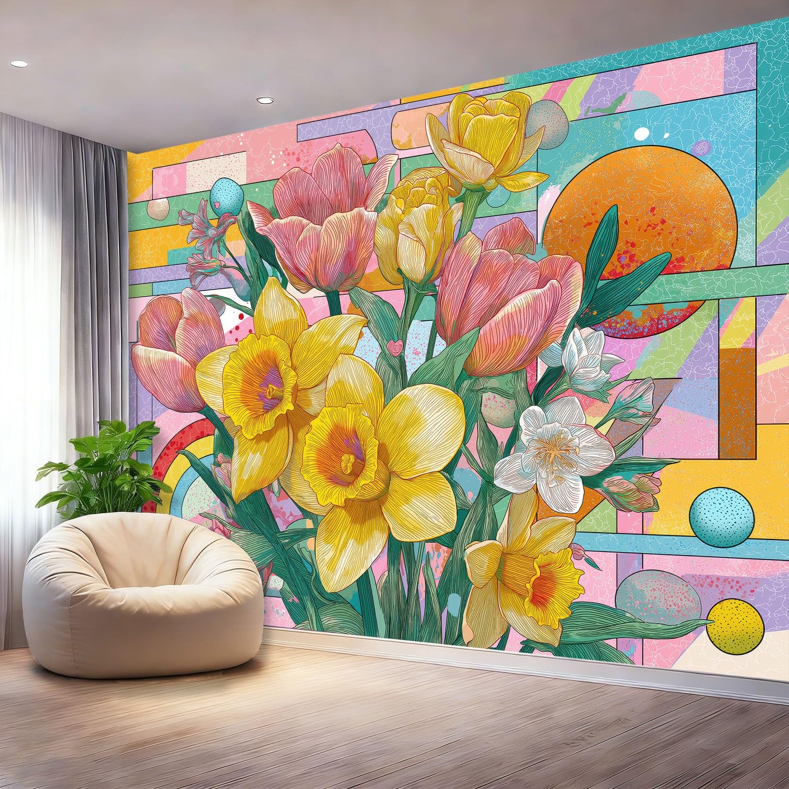 Tapeta Rośliny Kwiaty Geometria Kolorowe Bloki Malowidła Ścienne Fototapety, Kolorowy Wystrój Ścienny Mural do Salonu Sypialni Pokój Dziecięcy Dekoracja Wnętrz 250 x 175 cm