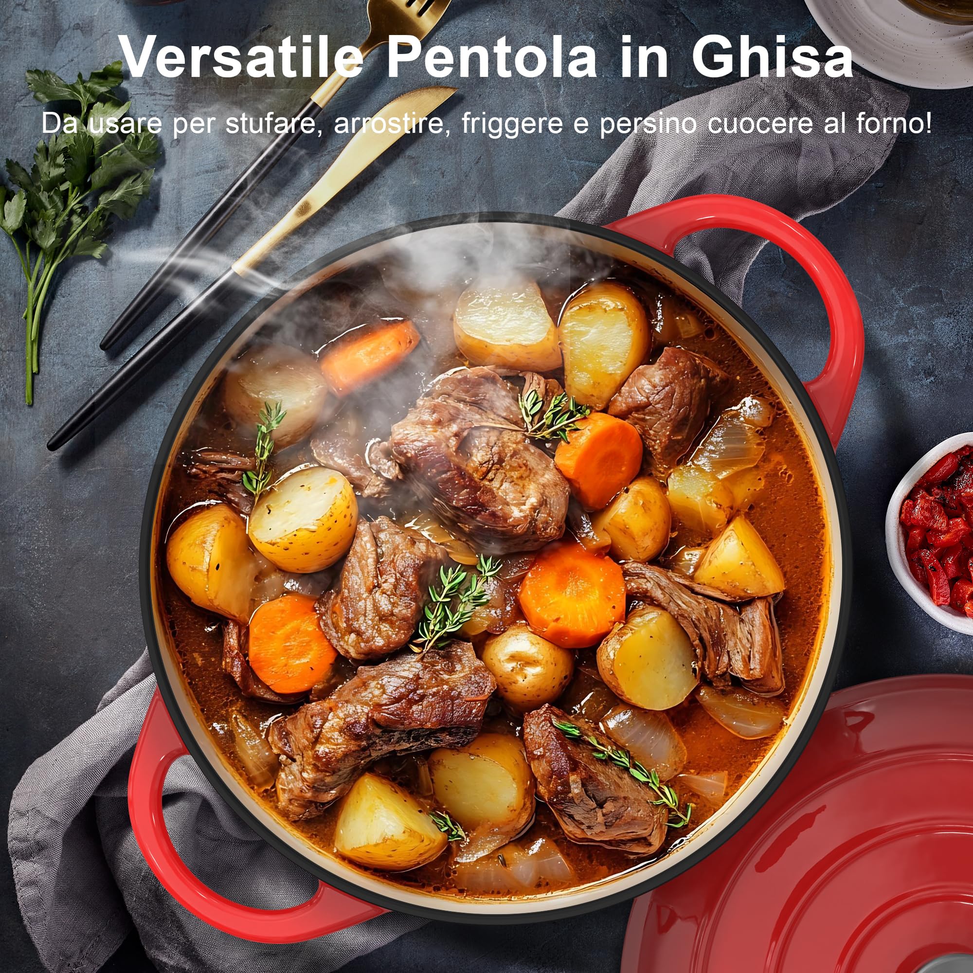 Pentola in Ghisa Smaltata - 26cm Pentole Olandese con Coperchio Casseruola Dutch Oven, Topbooc Rotonda Cocotte Padella Compatibile Induzione, Gas, Forno, per Pane, Stufati, Zuppe, 5L