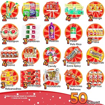 Mexican Candy Variety Pack (50 Count) Dulces Mexicanos, Mexican Snacks, with Vero Lollipops, Lucas Candy, Pulparindo Tamarindo, Mazapan, Spicy Dulce Mexico Assorted Mix, by Sabores de Mexico