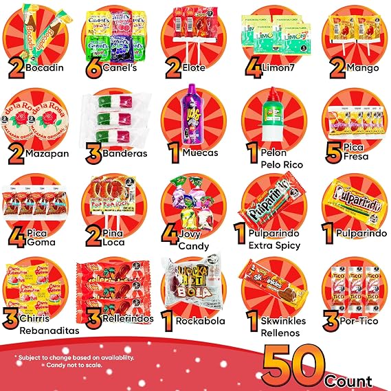 Mexican Candy Variety Pack (50 Count) Dulces Mexicanos, Mexican Snacks, with Vero Lollipops, Lucas Candy, Pulparindo Tamarindo, Mazapan, Spicy Dulce Mexico Assorted Mix, by Sabores de Mexico