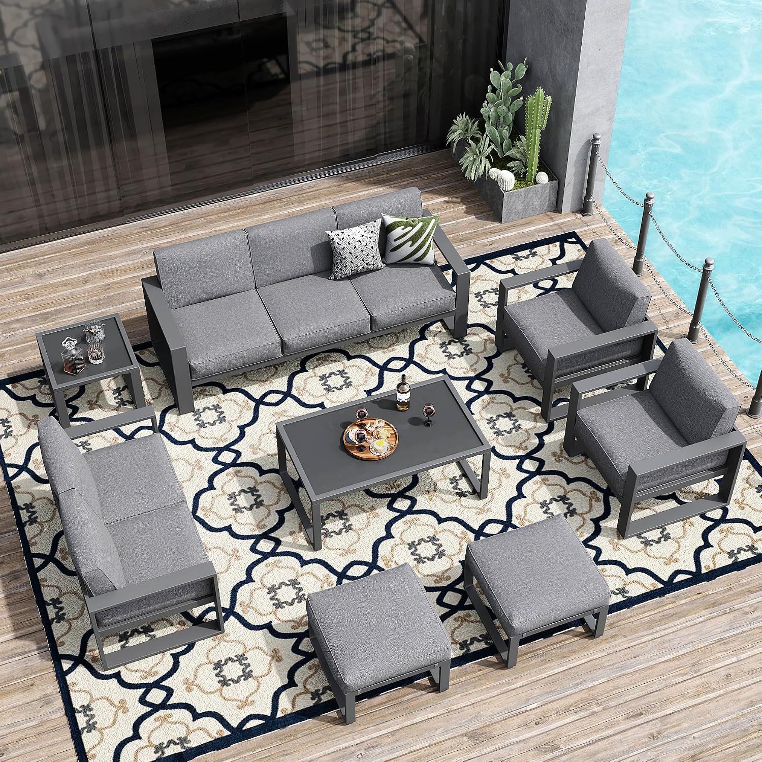 Green4ever Aluminum Patio Furniture Set, 8 Pieces Modern Outdoor Conversation Set All-Weather Metal Sectional Couch Sofa Upgraded Foam-Filled Cushions with Ottoman and Coffee Table (Grey)