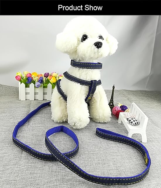 Foto 2 de 7 de Newtensina Moda Perro arnés Collar y Correa Set cómodo Tela de Mezclilla Perrito arnés Collar con Correa…