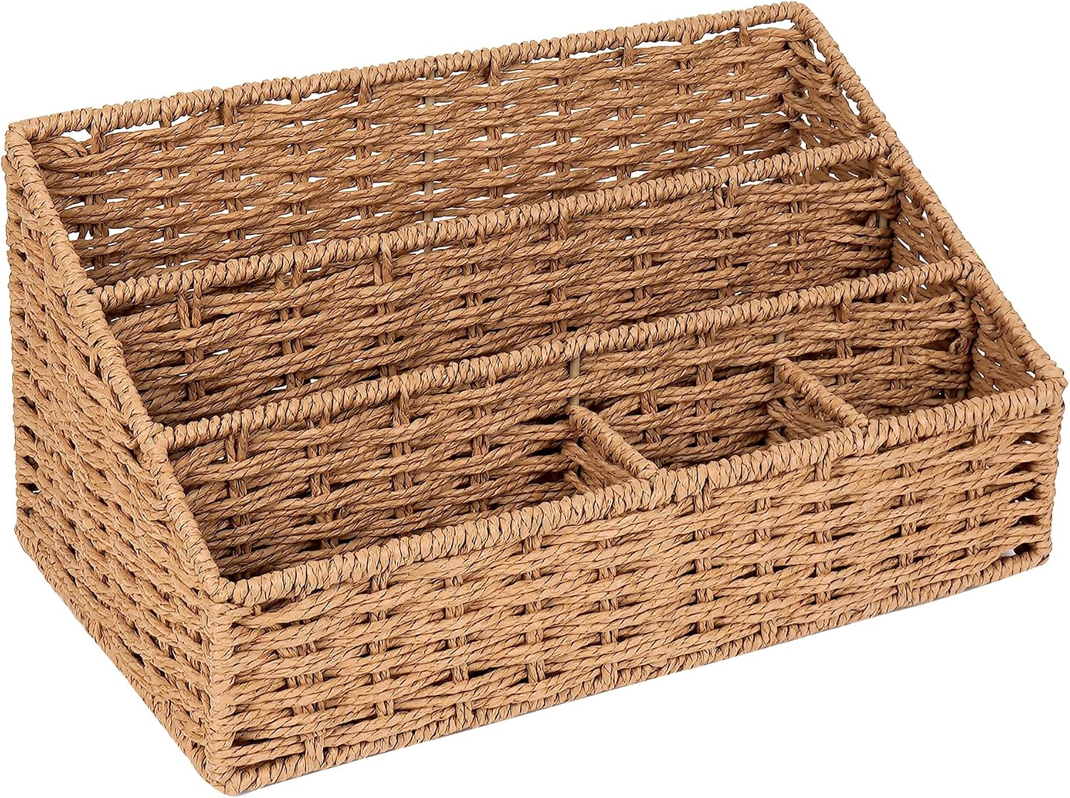 Woven Desk Organizer Basket with 5 Compartments, Rustic Paper Rope Mail Holder with Metal Frame, Storage Caddy for Bills, Pens & Office Essentials
