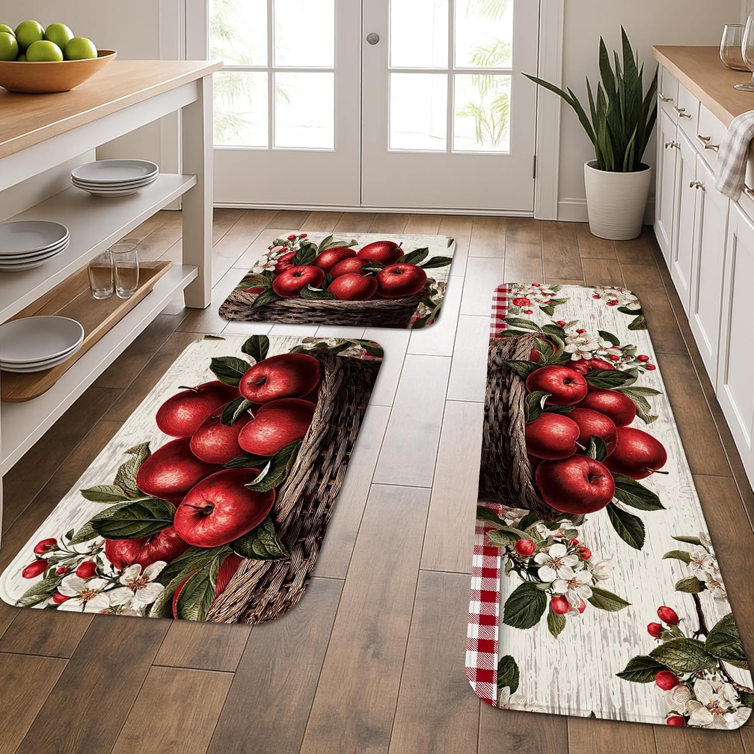 Vintage Rustic Kitchen Mats for Floor, Red Apples Floral Soft Mats, Cushioned Comfort Washable Non Slip Decor Rugs for Kitchen Sinks Laundry Room Bathroom 3Pcs
