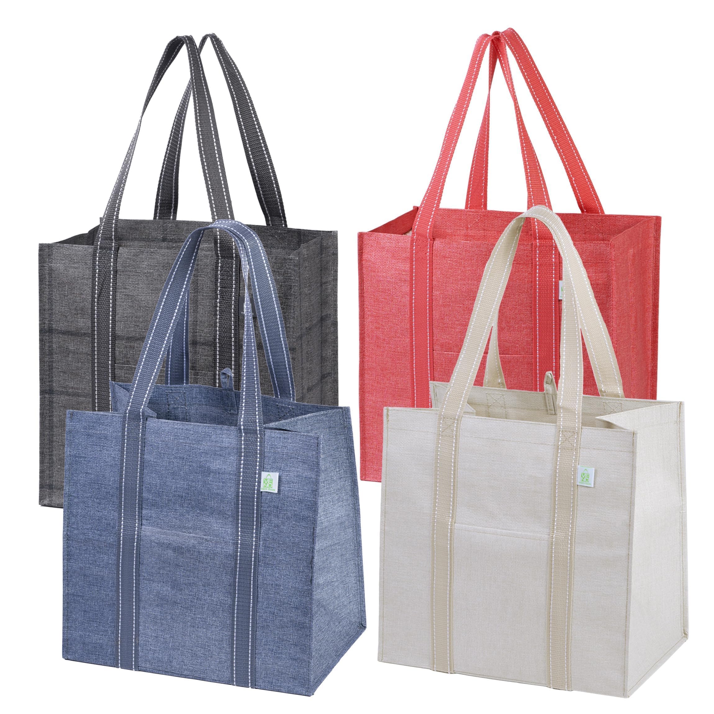 VENO 4 Pack Reusable Grocery Shopping Bag w/Hard bottom, Foldable,Multipurpose Heavy Duty Tote,Daily Utility bag (Set of 4)
