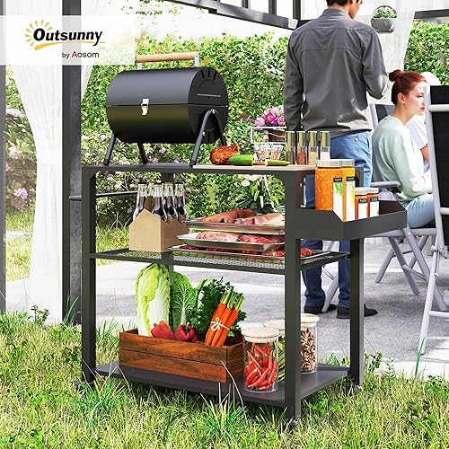 Miniatura 2 de Outsunny Carrito de parrilla de tres estantes para exteriores, 31.5 x 19.7 pulgadas, soporte multifuncional para horno de pizza con estante de