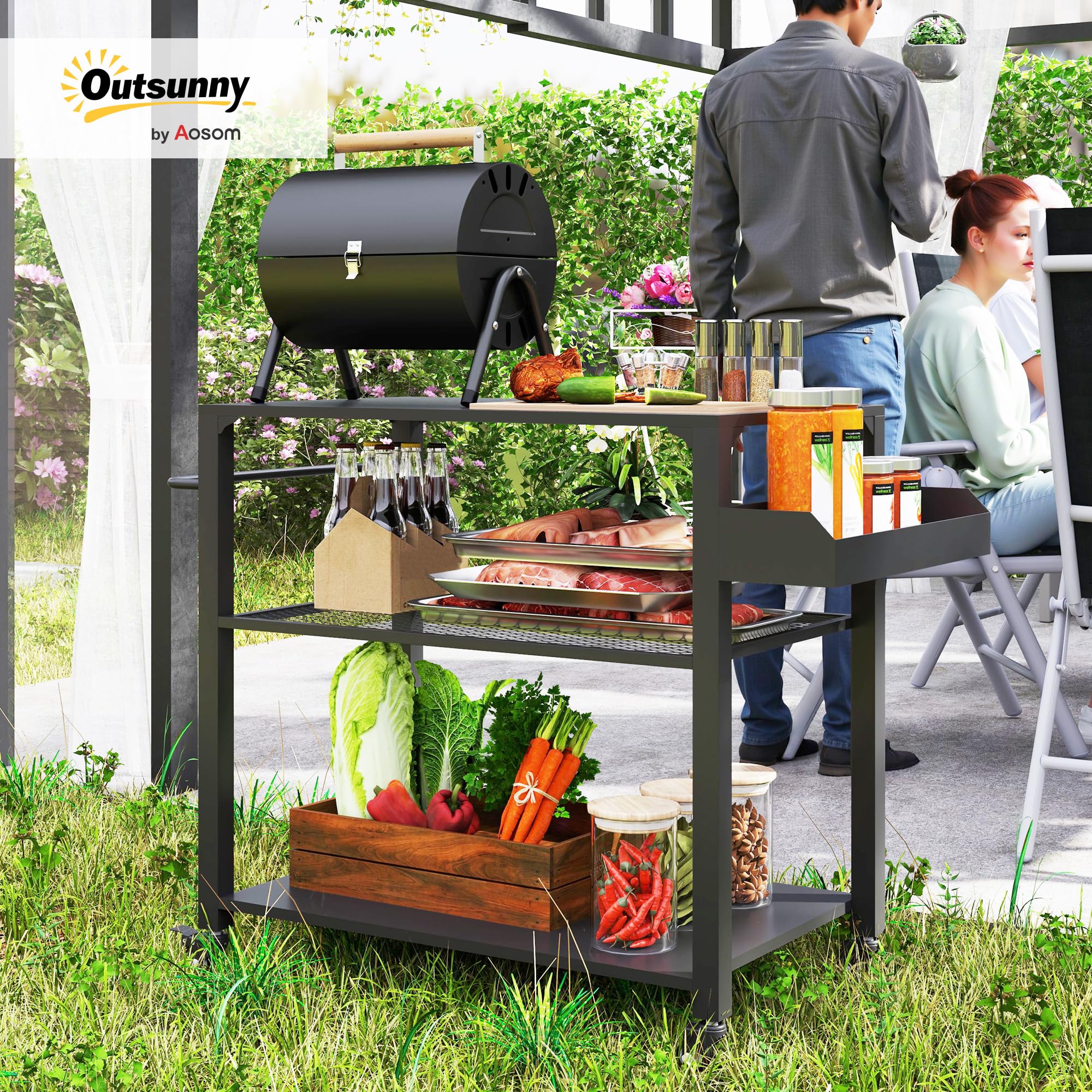 Outsunny Carrito de Parrilla de 3 Niveles Carrito de Barbacoa Carrito de Servicio con 4 Ruedas Estantes y Asa Mesa de Horno de Pizza para Jardín Patio Negro