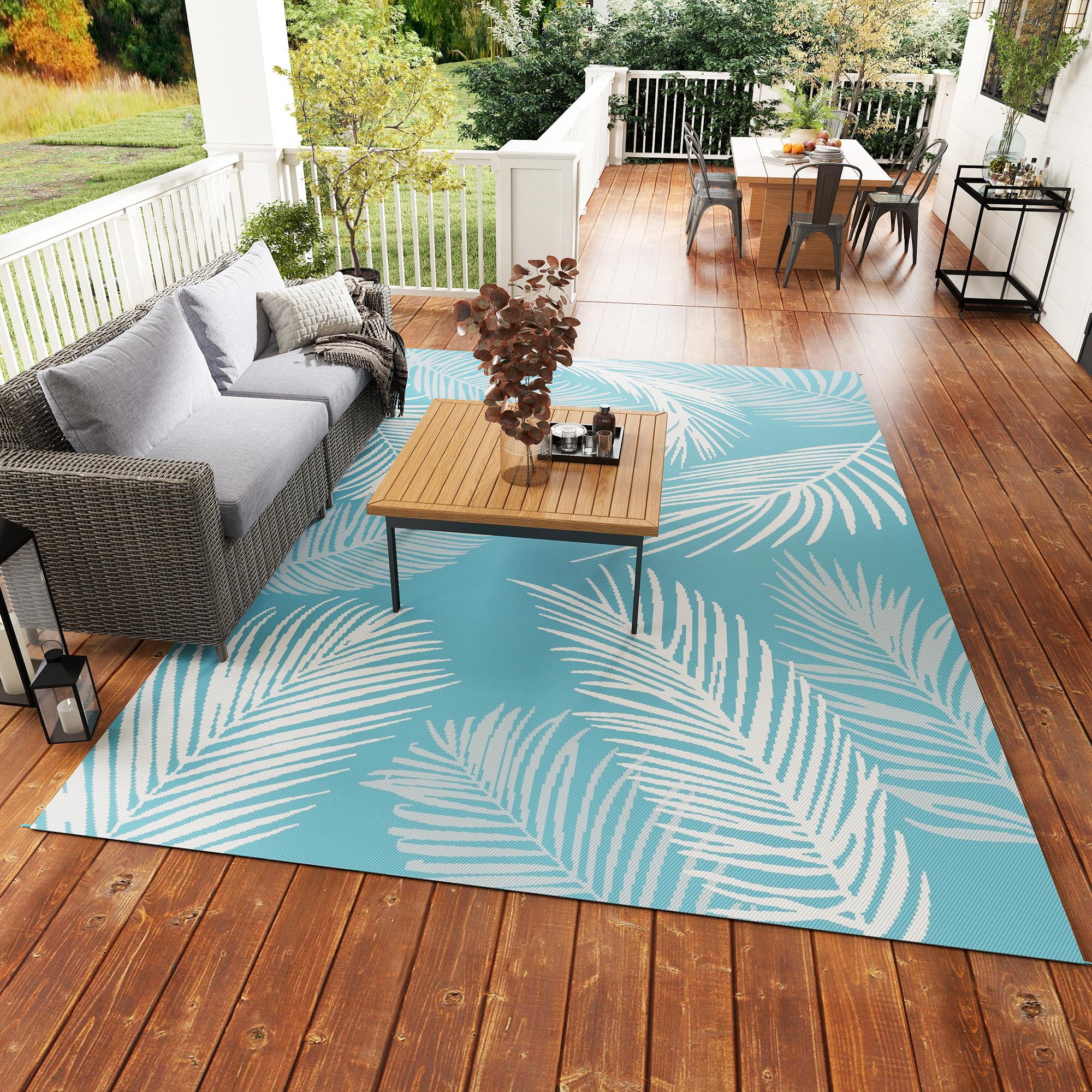 Outsunny Tapis d'extérieur réversible 274x182 cm, Tapis de Sol en PP, Portable et résistant aux intempéries, Sac de Transport Inclus, pour terrasse, Patio, Balcon, Bleu