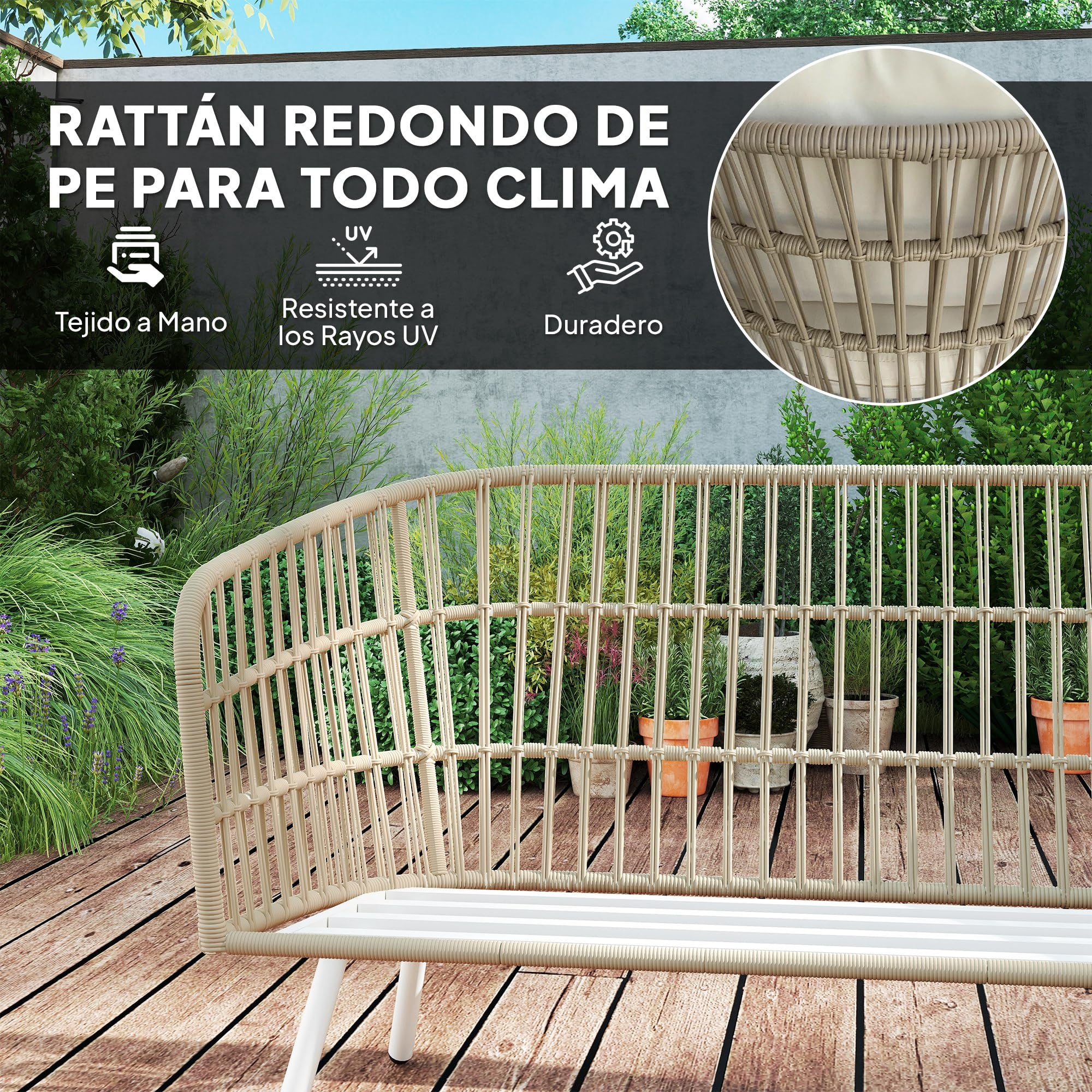 Outsunny Conjunto de Jardín Exterior de Ratán Sintético de 4 Piezas Muebles de Jardín Exterior con Sofá de 2 Plazas 2 Sillones 1 Mesa de Centro de Metal con Cojines Crema y Natural
