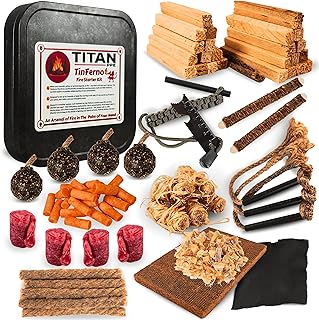 TinFerno Fire Starting Kit – 100pc Fire Starter for Campfires, Ferro Rod, Magnesium Flint, Char Cloth, Fatwood, Wax Rope, Hemp Wick, Camping, Hiking, Bushcraft & Gift - Emergency Fire Kit