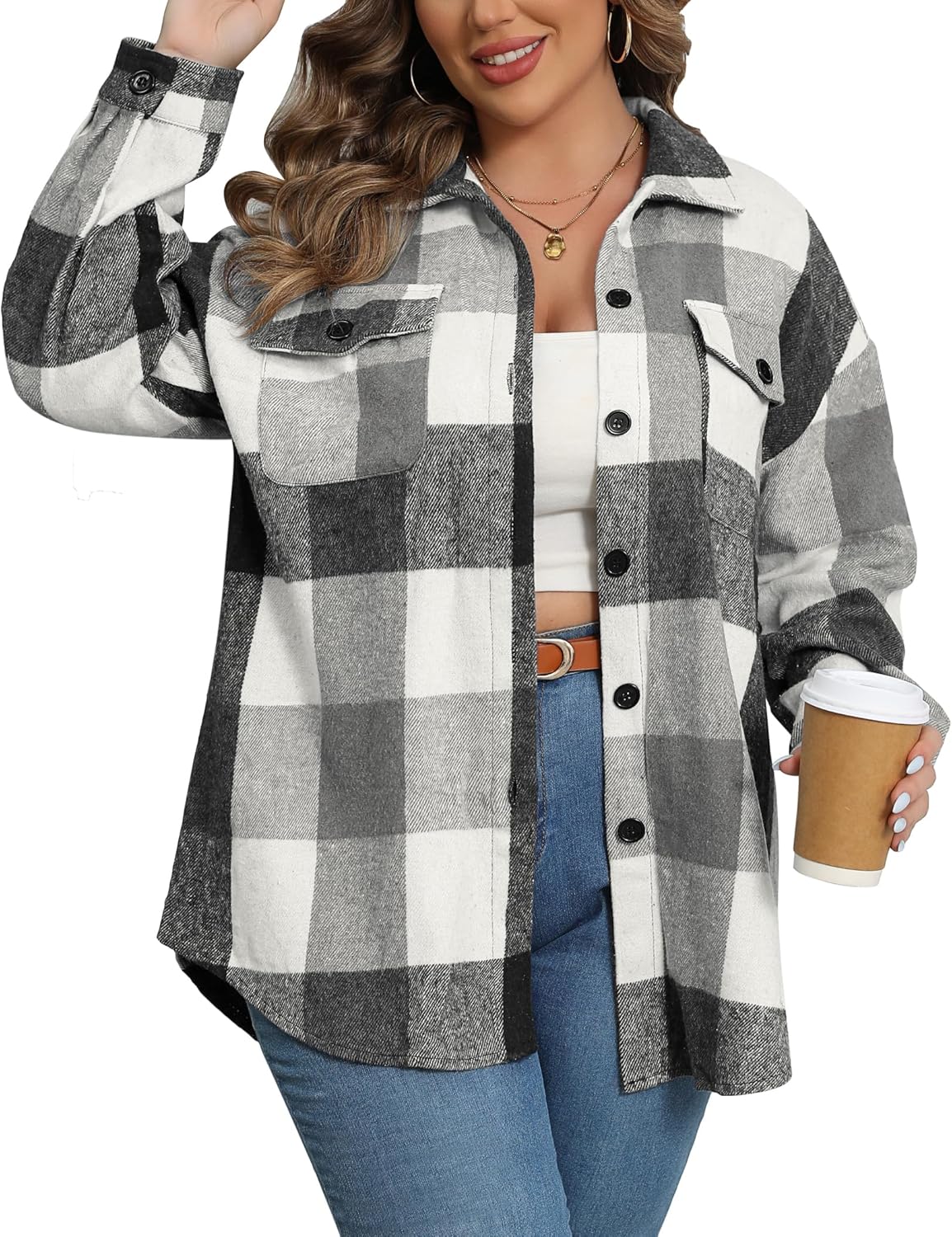Zeagoo Women's Plus Size Flannel Plaid Shacket Button Down Flannel Shirts Long Sleeve Casual Fall Jacket 2024